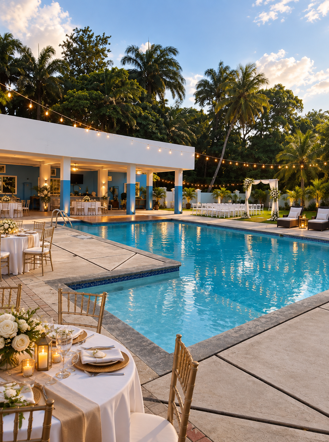 Illustrative wedding reception setup around the Olympic Villas pool